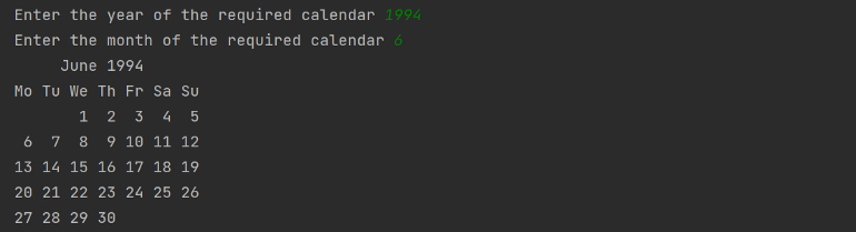 تصویر خروجی مثال استفاده از پکیج Calendar در پایتون برای مقاله ۱۰ برنامه جالب پایتون به همراه کد آن‌ها